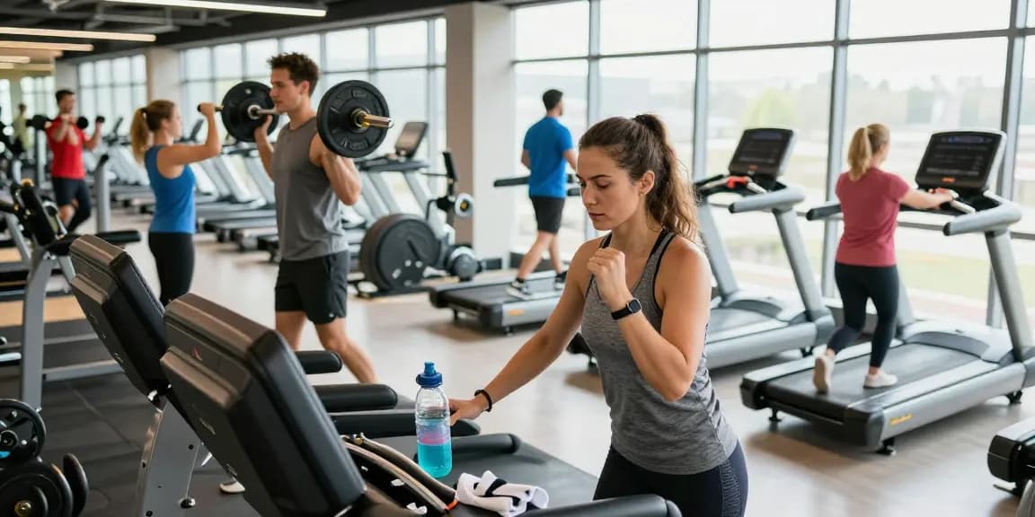 Deus Medical Produkte erscheinen in einem modernen Fitnessstudio mit aktiven Sportlern und gesundem Lebensstil.