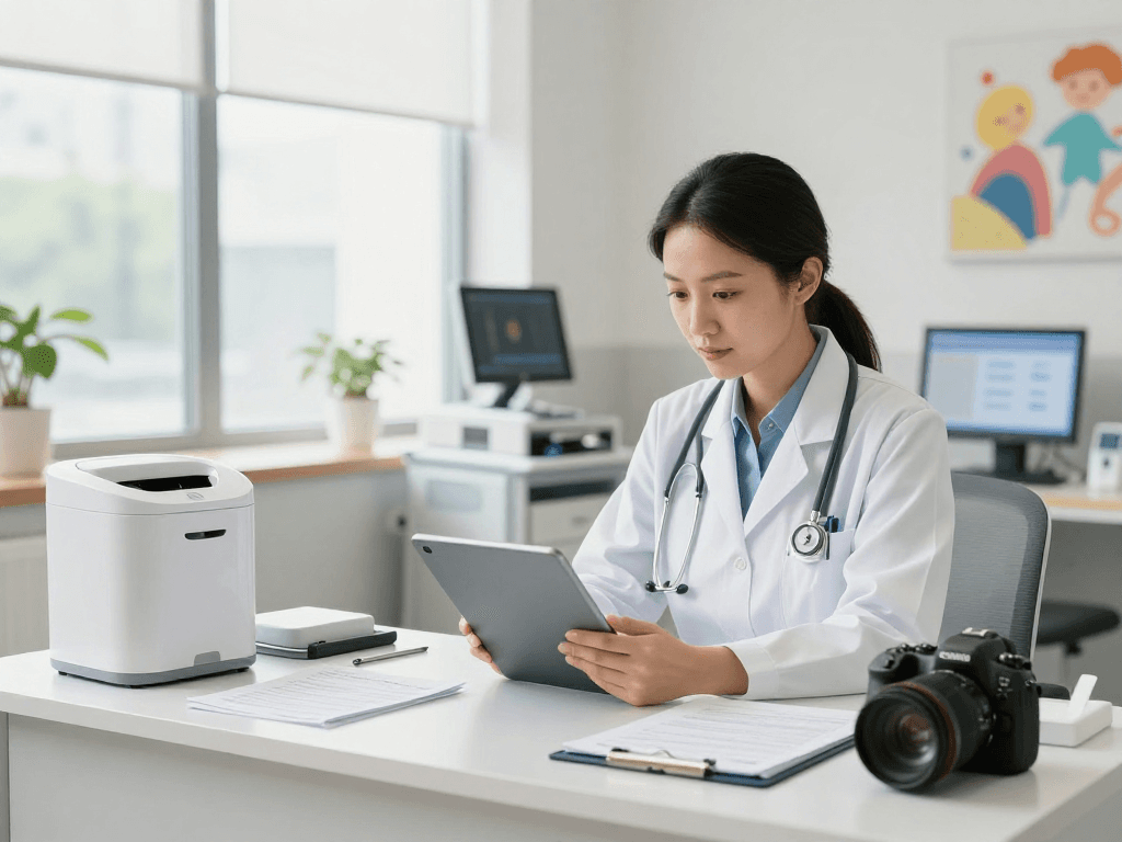 Healthcare setting emphasizing Datenschutz und Barrierefreiheit in Gesundheitswesen Arzt with a physician reviewing patient data securely.