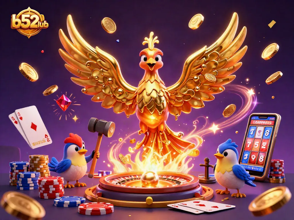b52club showcases an explosive 3D casino scene with a molten golden phoenix and vibrant gaming elements.