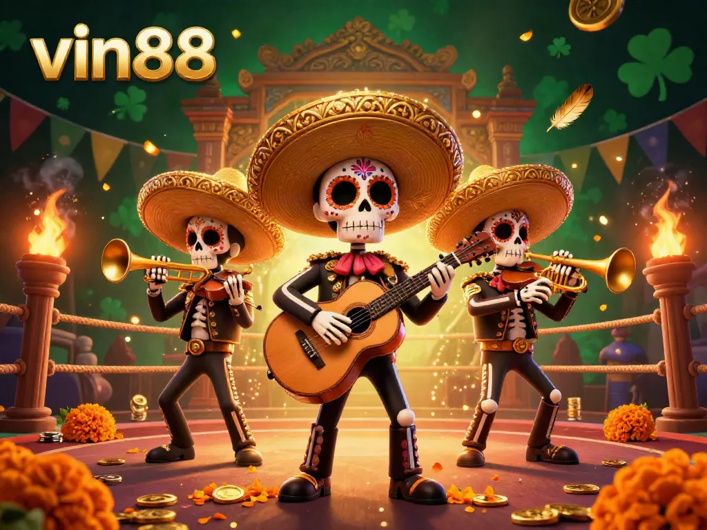 Experience the excitement of vin88 with vibrant mariachi skeletons celebrating in a dynamic casino setting.