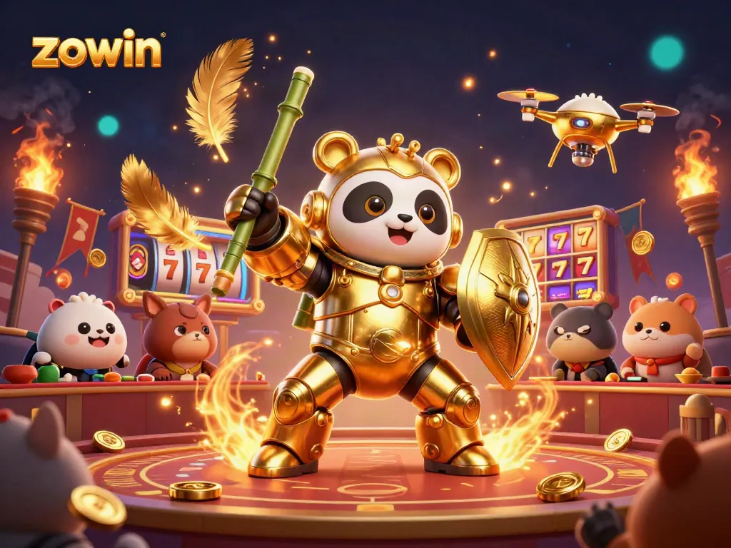 Zowin gaming excitement with a mech-suit panda in a lively casino arena surrounded by golden coins and jackpots.