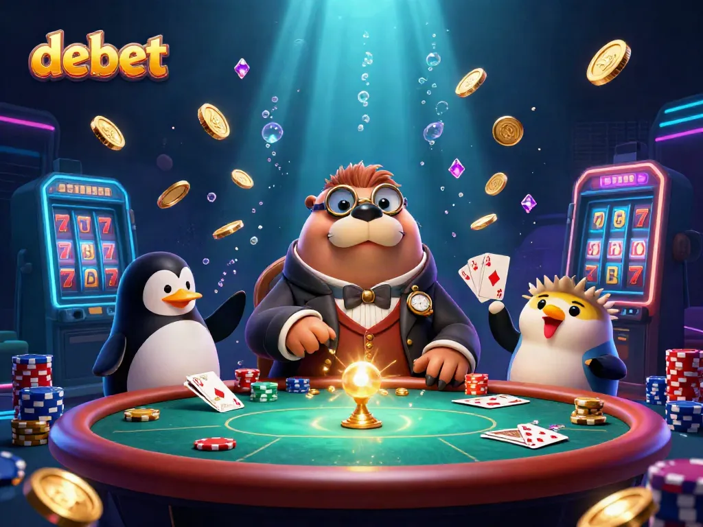 Engage in exciting gameplay at debet with a jolly walrus and eclectic characters in a lively casino scene.