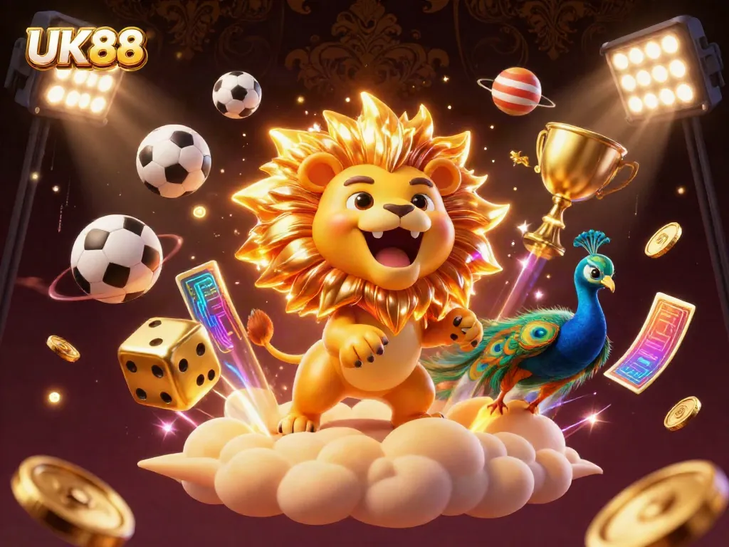 Experience the thrill of UK88 with a triumphant sun lion and dynamic sports elements in this vibrant 3D casino scene.