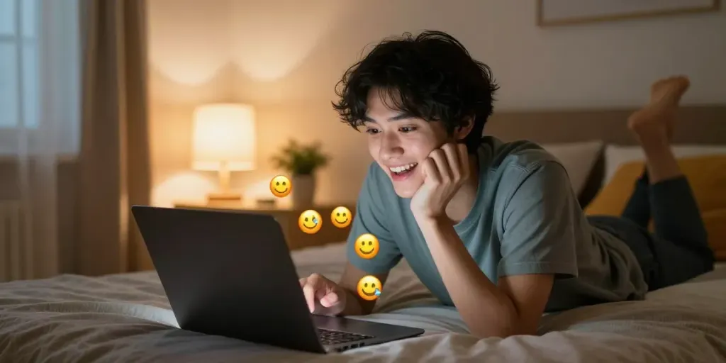 Engaging in an exciting sex chat on a laptop in a cozy bedroom atmosphere.