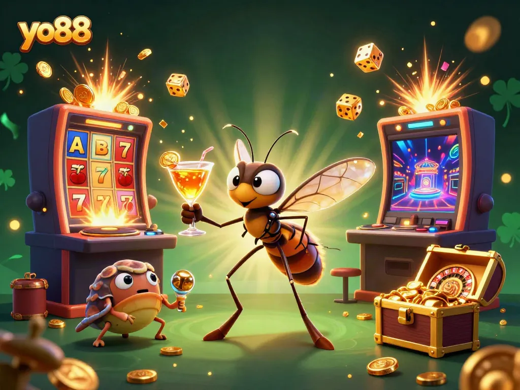Experience excitement at yo88 with a dynamic casino scene featuring animated characters, spinners, and bursting jackpots.