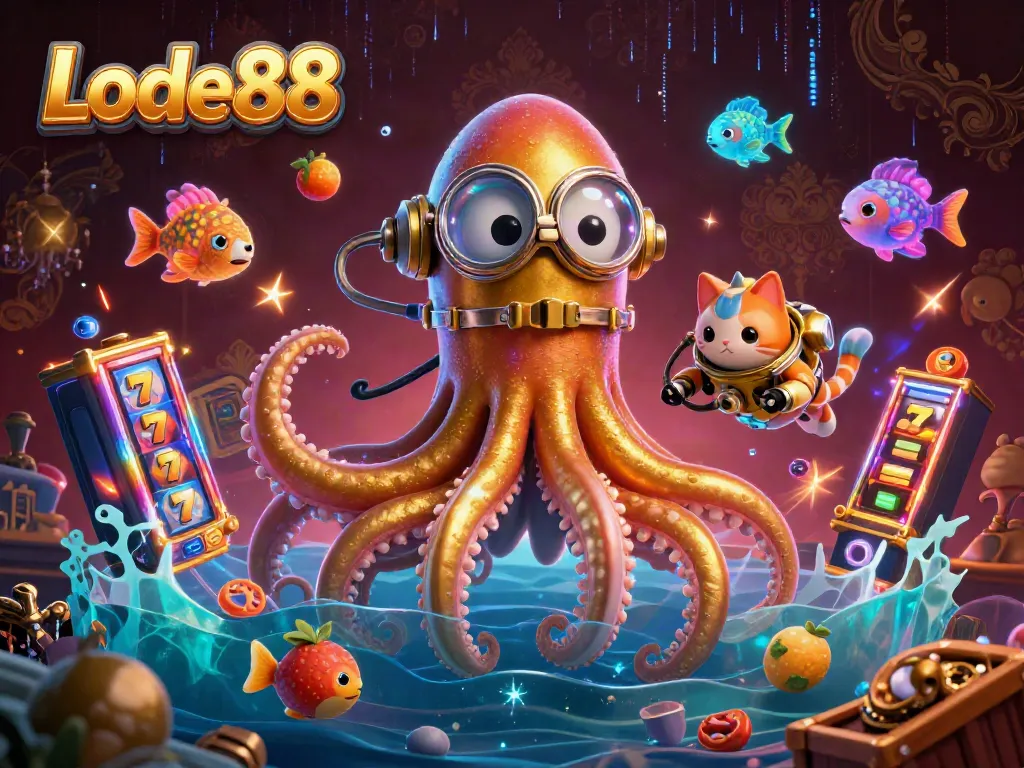 Experience the thrill of Lode88's jackpot games with a dynamic 3D illustration featuring vibrant slot reels.