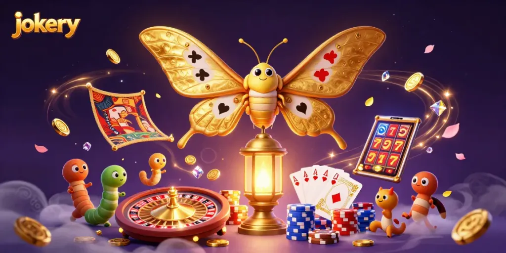 Experience jokery thrills with golden coins, dazzling cards, and vibrant casino scenes in this detailed illustration.