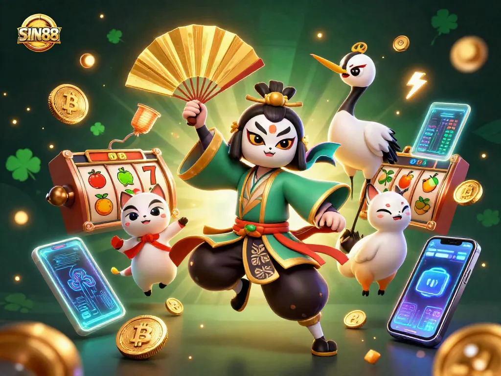 Celebrate with SIN88's vibrant 3D gaming scene featuring slots and crypto elements.