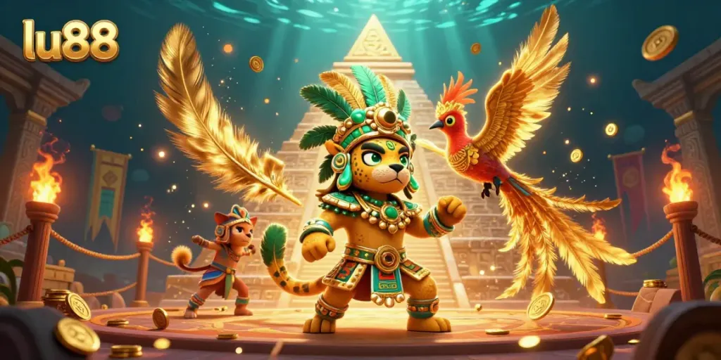 Experience thrilling gameplay with lu88's stunning Mayan-themed casino illustration.