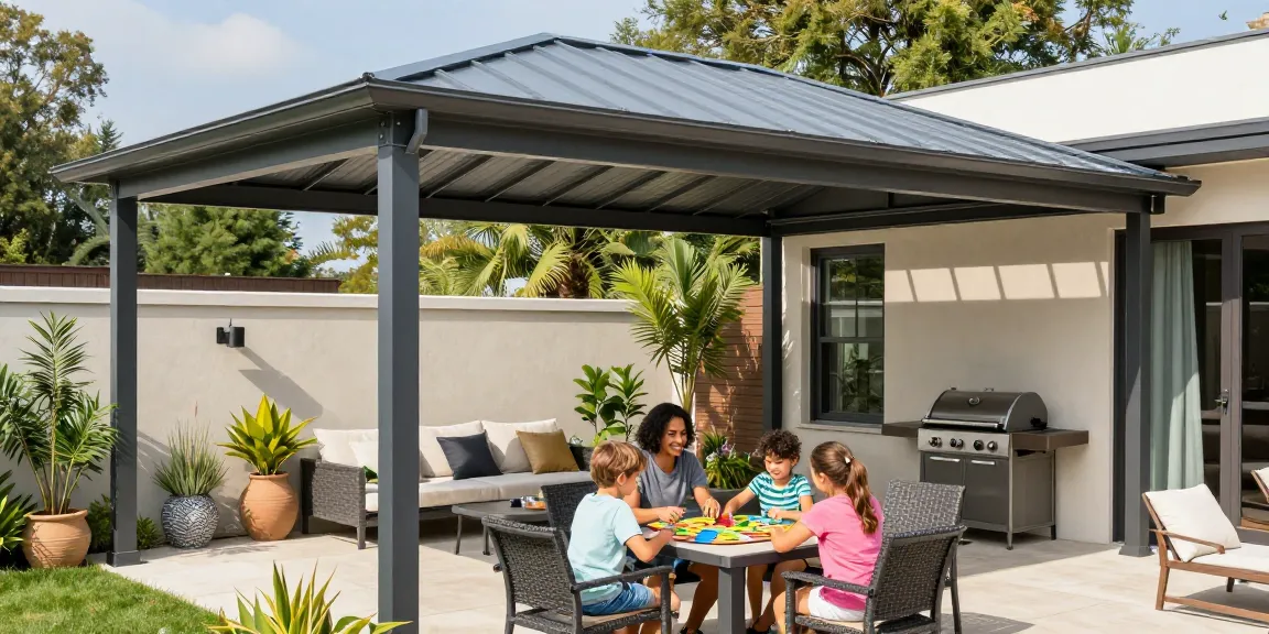 Moderne Terrassenüberdachung über gemütlicher Outdoor-Lounge mit spielenden Familienmitgliedern.