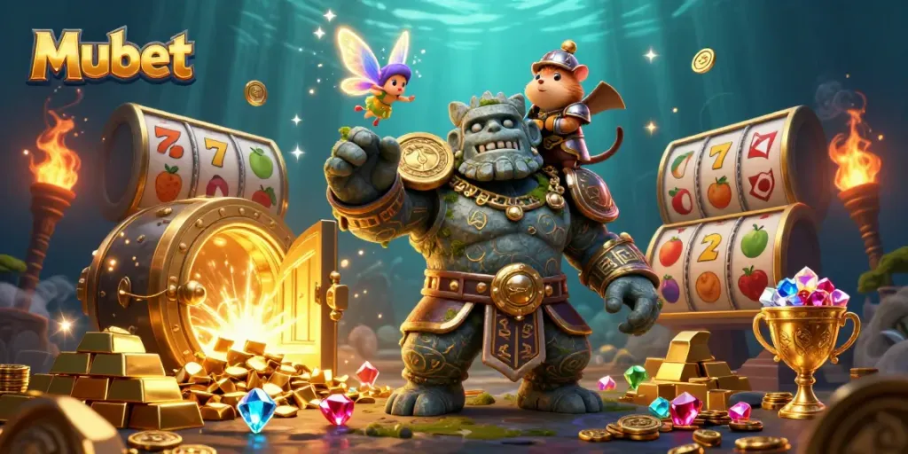 Experience thrilling gameplay at Mubet with a golem guardian and hamster knight amid casino riches.
