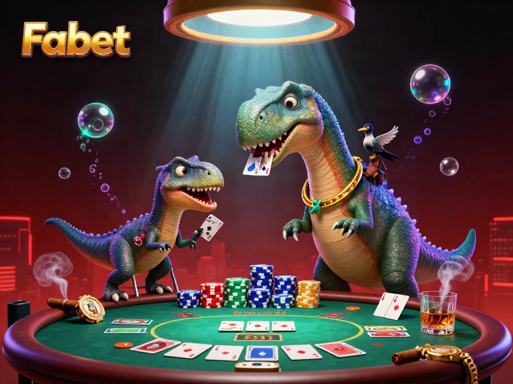 Engage with Fabet's vibrant casino scene as a dinosaur overlooks a poker game dynamic with colorful chips and cards.