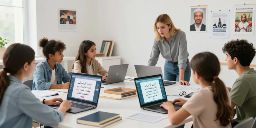Arabisch lernen in Marokko: Schüler im modernen Lernumfeld mit digitalen Tools zur Sprachvermittlung.