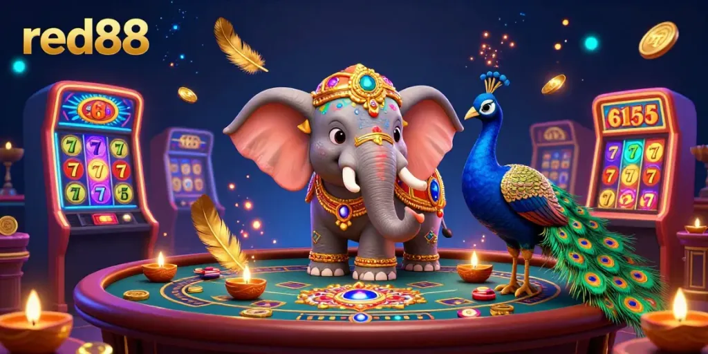 Experience excitement at red88 with a cartoon elephant and peacock celebrating in a colorful casino atmosphere.