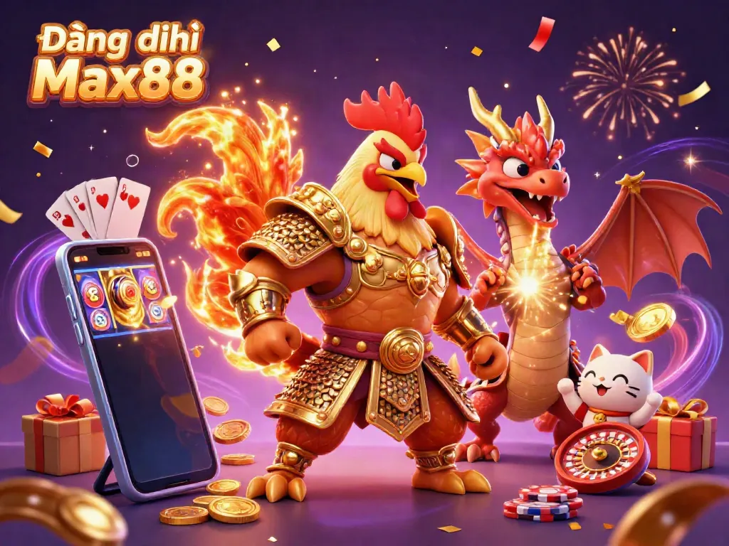 Experience the thrills of Đăng ký Max88 with a cartoon rooster warrior and engaging casino elements.