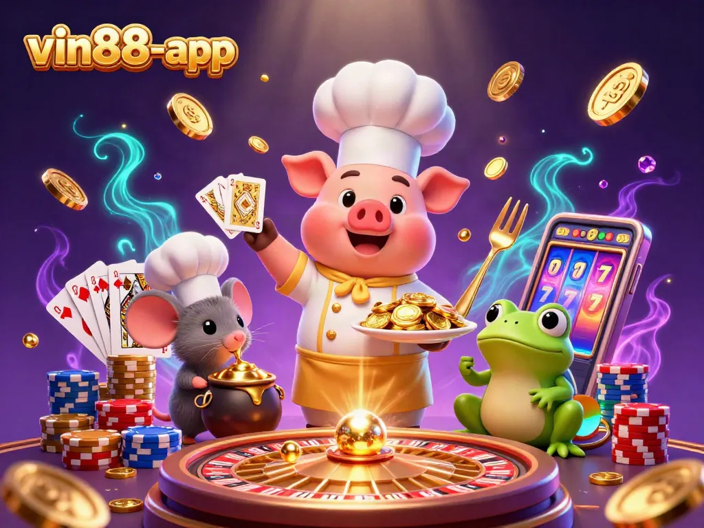Win big at vin88-app with luxurious casino elements like gold coins, roulette wheels, and dynamic characters.