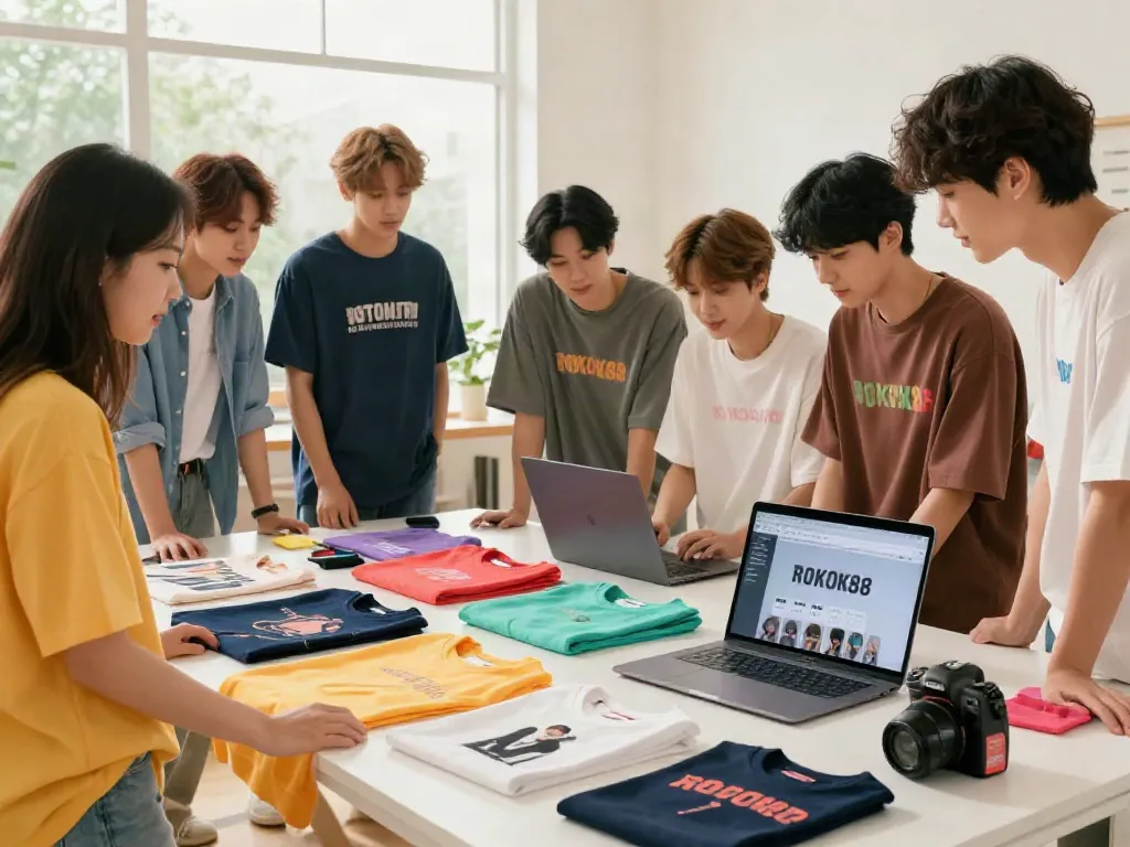 Fans exploring ROKOK88 super BTS merchandise online in a vibrant atmosphere.