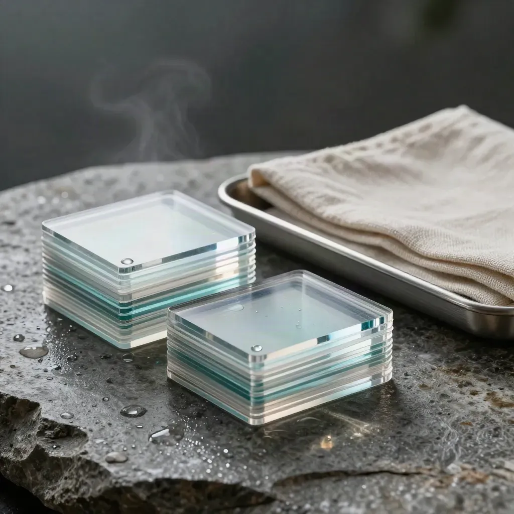Acrylkarten und Alu-Sortiertray auf nassem Stein mit feinem Teelicht und Nebel