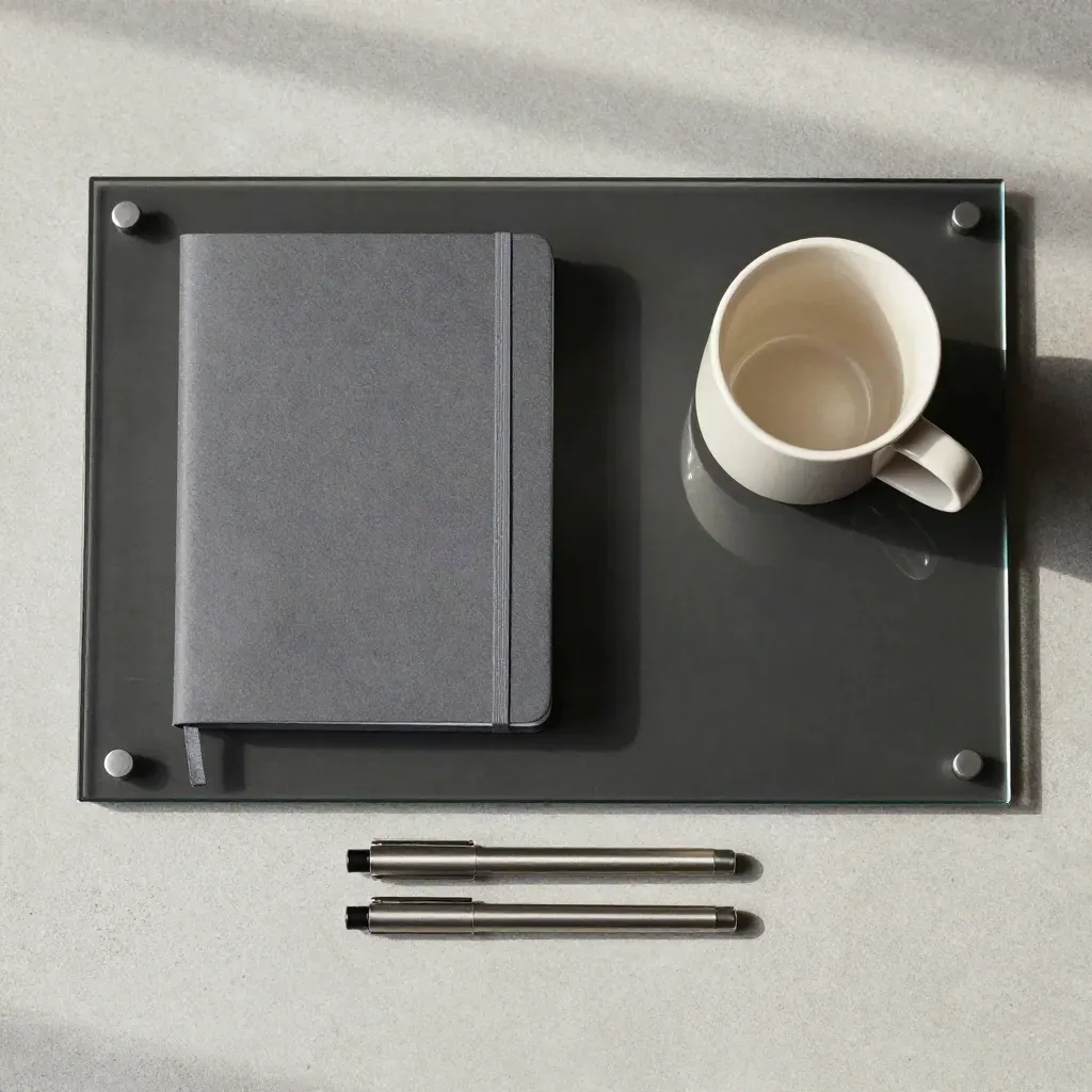 Darkes Glasmodul, graues Notizbuch, Tasse und Metallmarker auf hellem Beton von oben.
