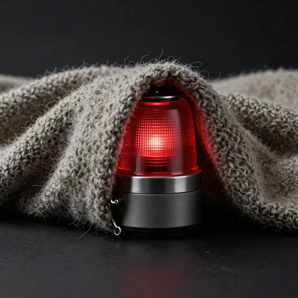 Beacon mit rotem Schieber in Wollfalten auf schwarzer Fläche, dramatisch beleuchtet