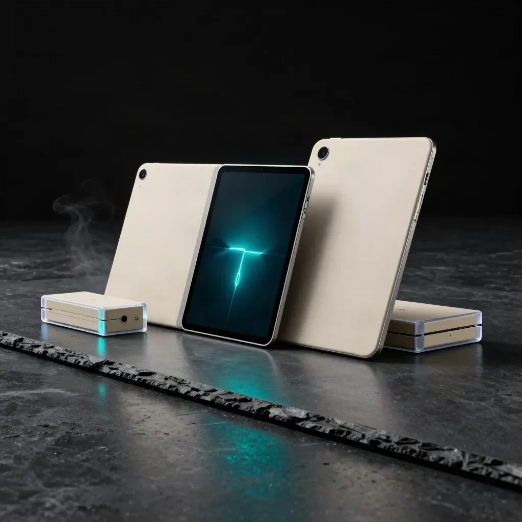 Dunkles Analytics-Bundle mit Tablet, Dashboard-Slab und Export-Sleeve in Teal-Licht