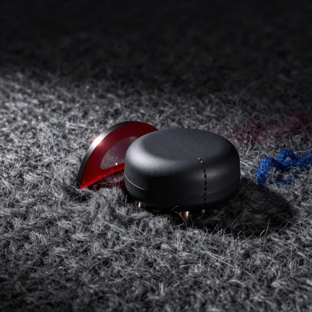 Dunkler Alarm-Puck im Wollstoff mit rotem Acrylbogen und tiefblauem Akzent