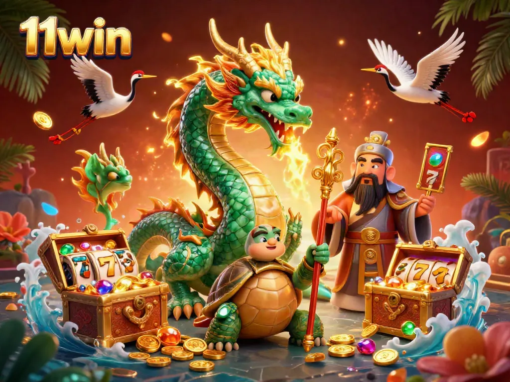 Experience thrilling games at 11win with a vibrant, immersive 3D casino scene showcasing lucky symbols and dynamic elements.