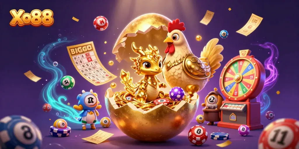 Xo88 reveals a golden dragon on poker chips, surrounded by colorful casino elements.