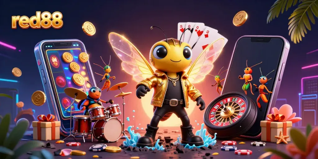 Engage with red88's vibrant gaming scene featuring characters and casino elements.