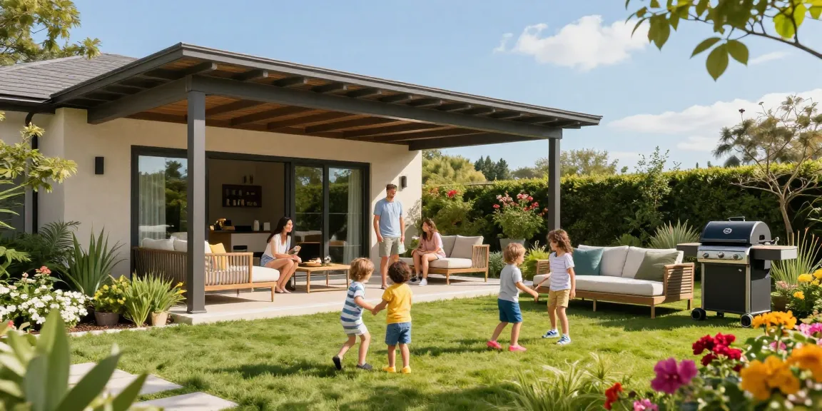 Terrassenüberdachung freistehend in einem einladenden Garten mit Familienaktivitäten.