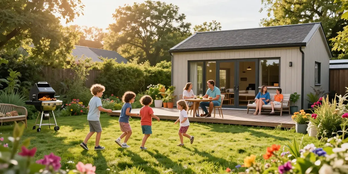 Familie genießt ihr neues Gartenhaus im sonnigen Garten mit Blumen und Spielzeug.