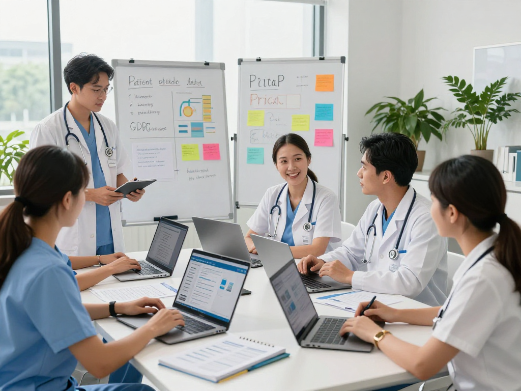 Gesundheitswesen Arzt - Team in Arztpraxis diskutiert Datenschutz und Barrierefreiheit mit Laptops und Dokumenten.