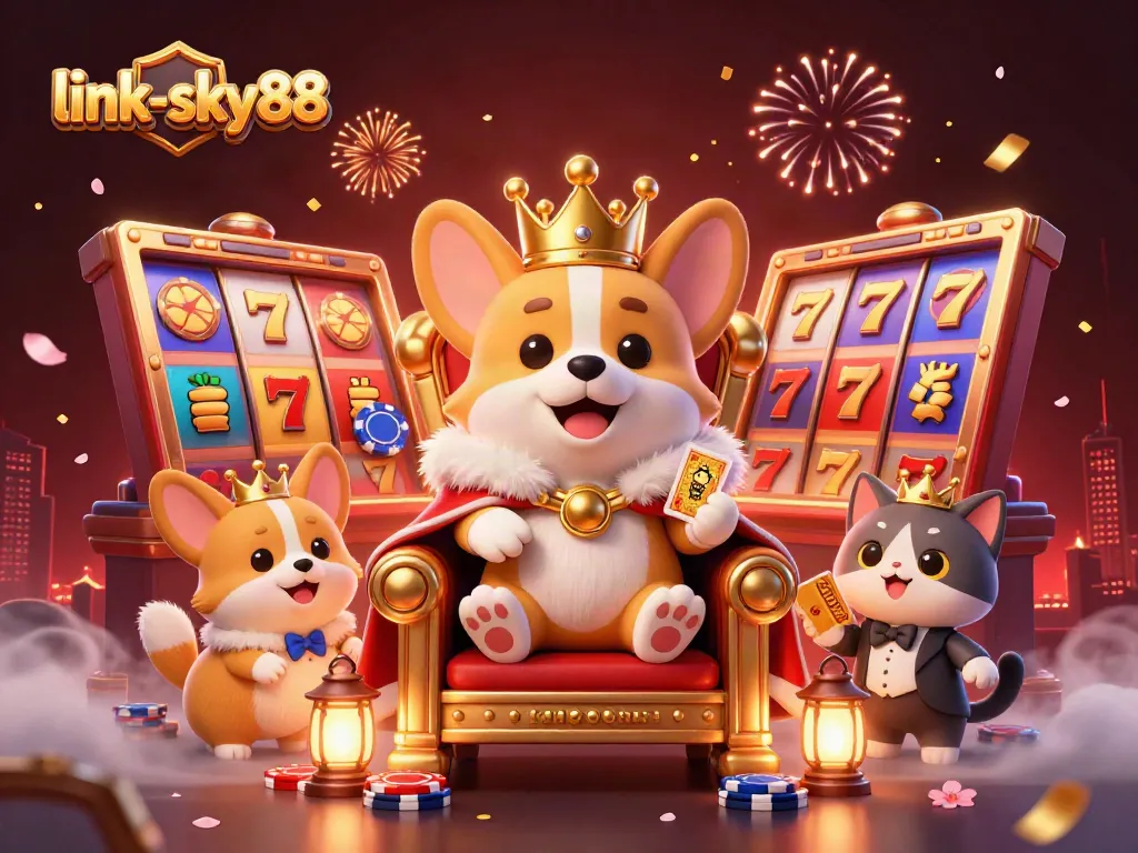 link-sky88 offers vibrant action with a royal corgi themed casino scene featuring slot reels and golden decorations.