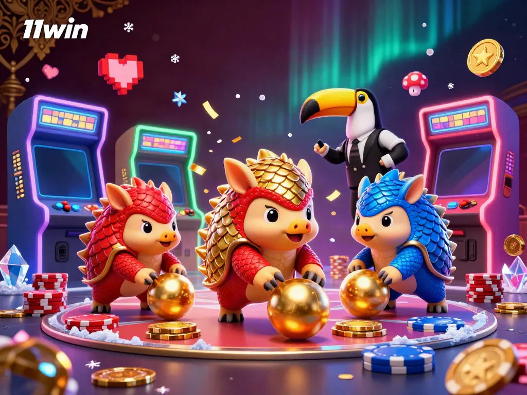 Engage in thrilling gameplay at 11win with animated pangolins amidst colorful casino elements.
