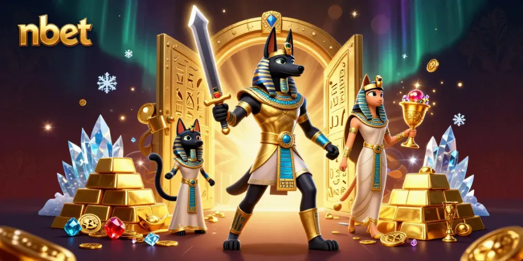Experience nbet with ancient Egyptian warriors and jackpot treasures in a vibrant casino scene.