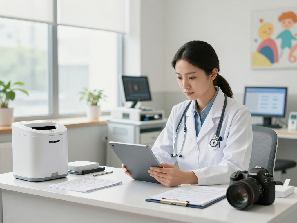 Healthcare setting emphasizing Datenschutz und Barrierefreiheit in Gesundheitswesen Arzt with a physician reviewing patient data securely.