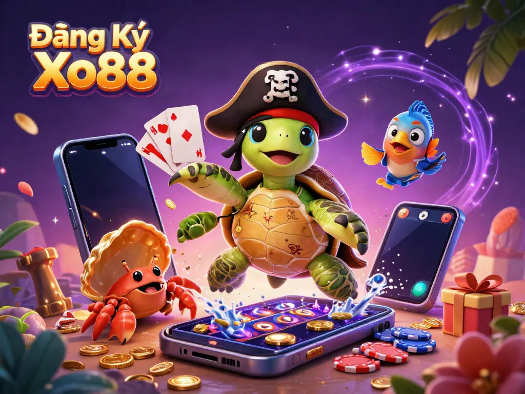 Experience the thrill of Đăng Ký Xo88 with a vibrant 3D casino scene showcasing fun characters and exciting game elements.