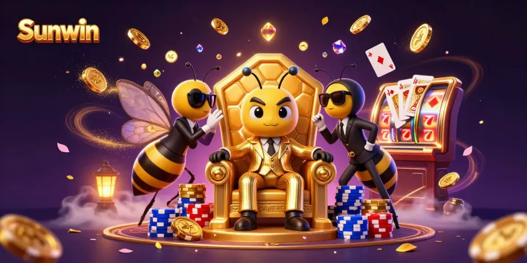 Experience the excitement of Sunwin with a vibrant casino scene featuring a mob boss bee, wasp bodyguards, and a shimmering butterfly.