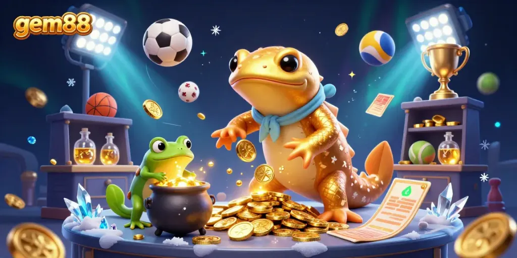Watch gem88's giant golden salamander alchemist transform metals into gold coins, surrounded by sports-themed elements.