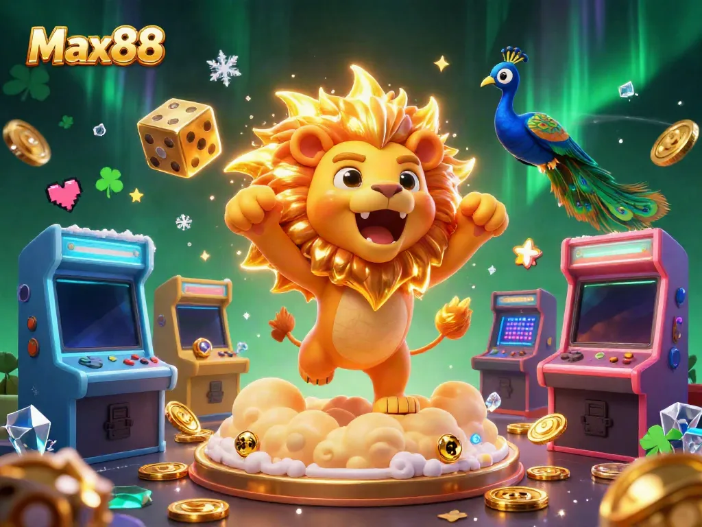 Experience Max88 casino excitement with a stunning 3D illustration of a roaring sun lion and vibrant game elements.