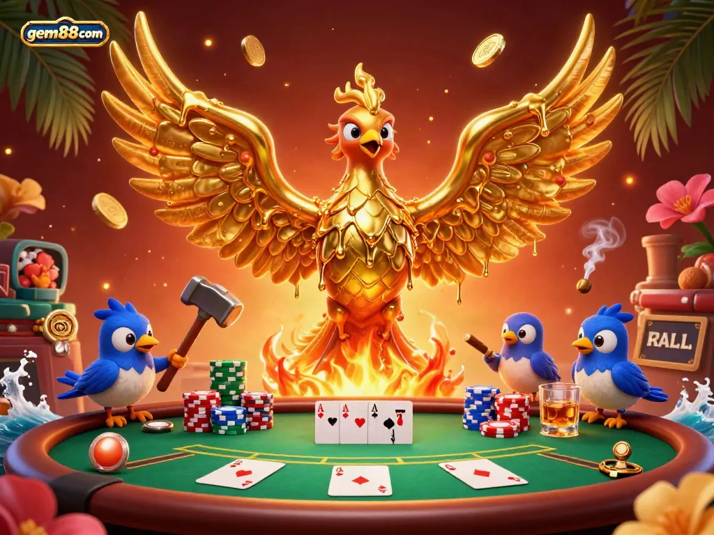 Engage in thrilling poker action with gem88com as the molten phoenix rises, spilling coins in a vibrant casino setting.
