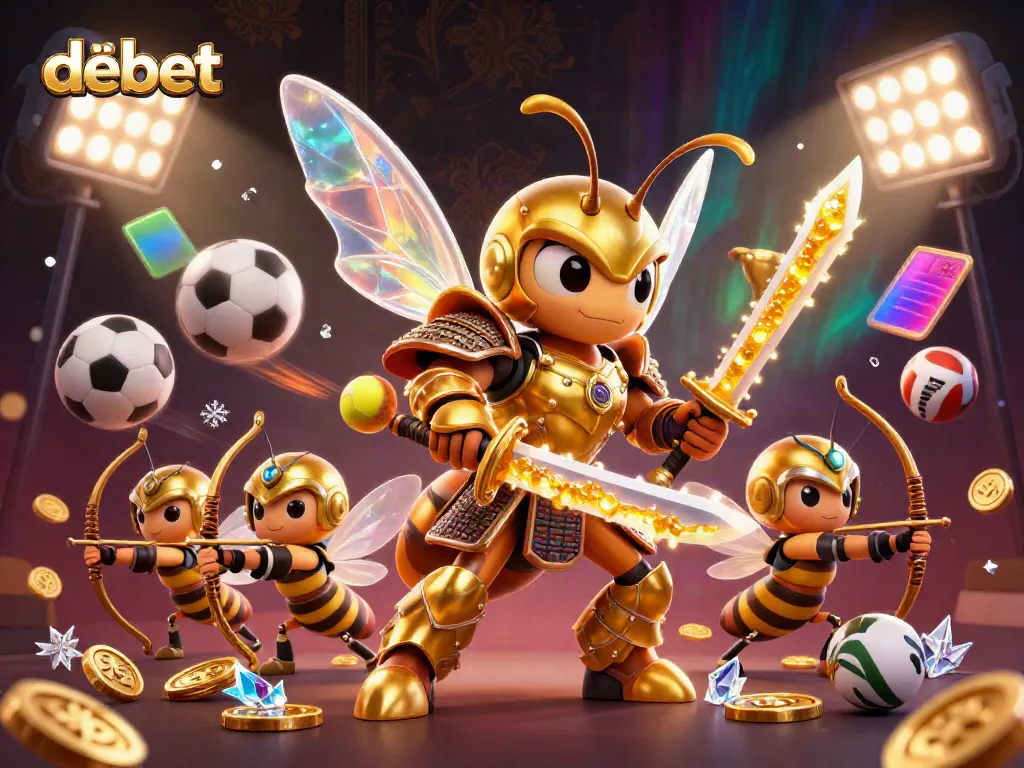 Engage with debet's exciting betting experience, featuring vibrant characters and dynamic sports elements in a lavish casino setting.