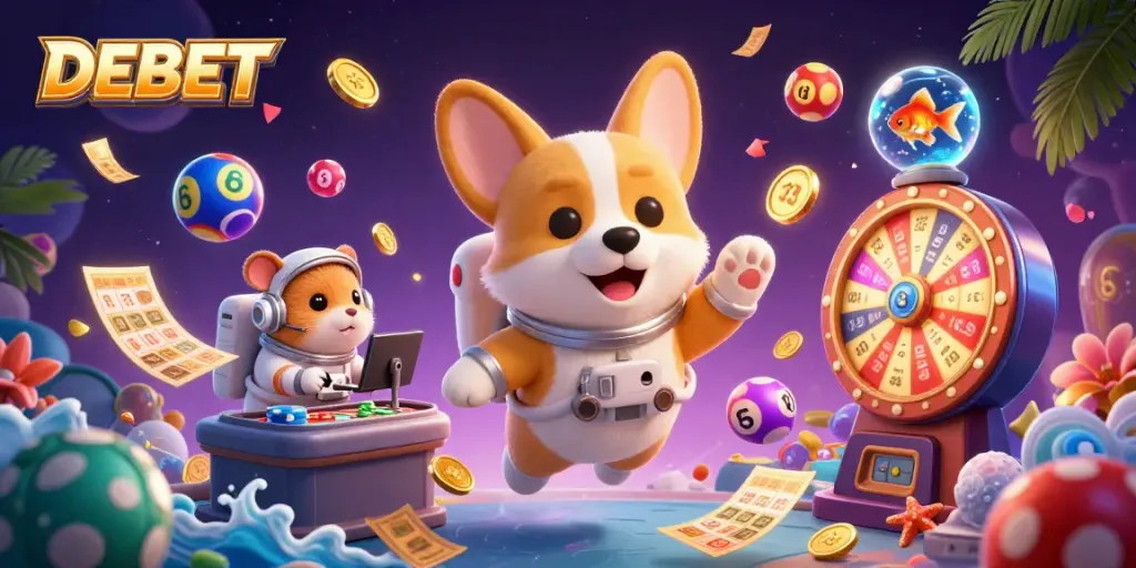 Experience thrilling action at DEBET with a floating space-themed casino scene featuring characters and vibrant lottery elements.