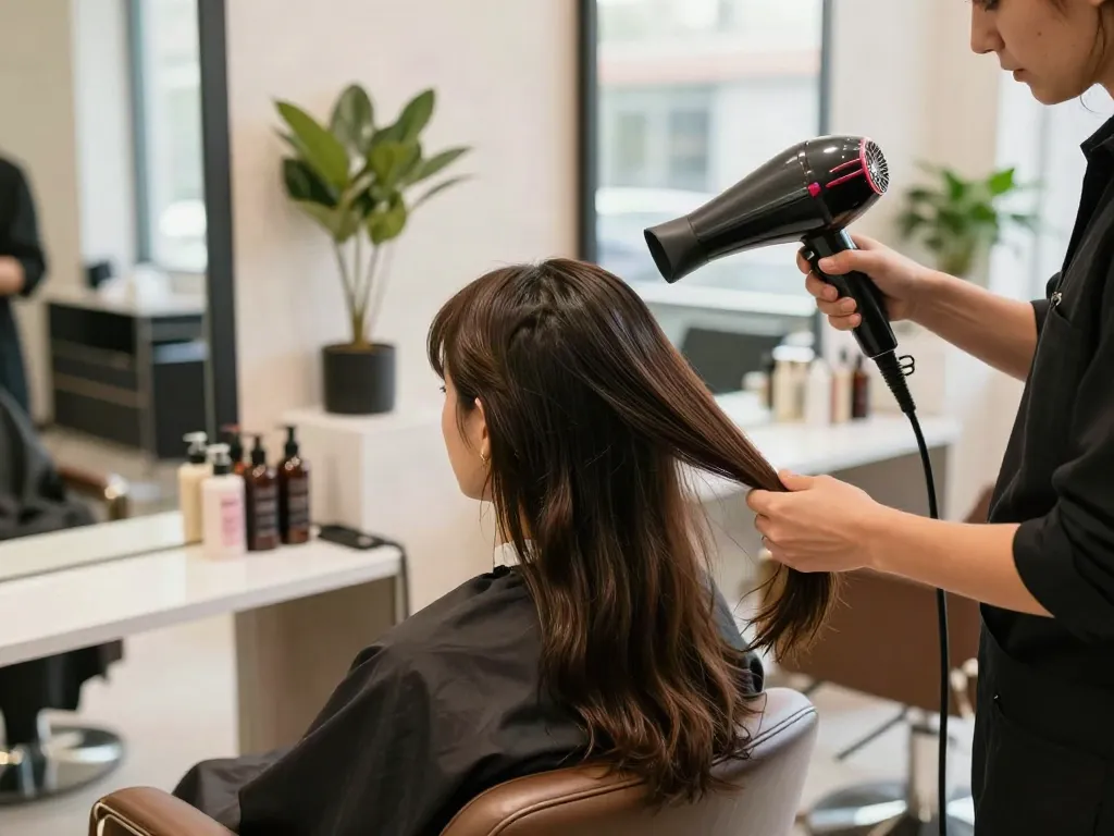 Ionen Haartrockner im Einsatz in einem modernen Friseursalon, glänzende Haare und stilvolle Umgebung.