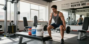 Bodybuilder im Steroidshop, der Gewichte hebt, umgeben von Anabolika.