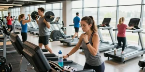 Deus Medical Produkte erscheinen in einem modernen Fitnessstudio mit aktiven Sportlern und gesundem Lebensstil.
